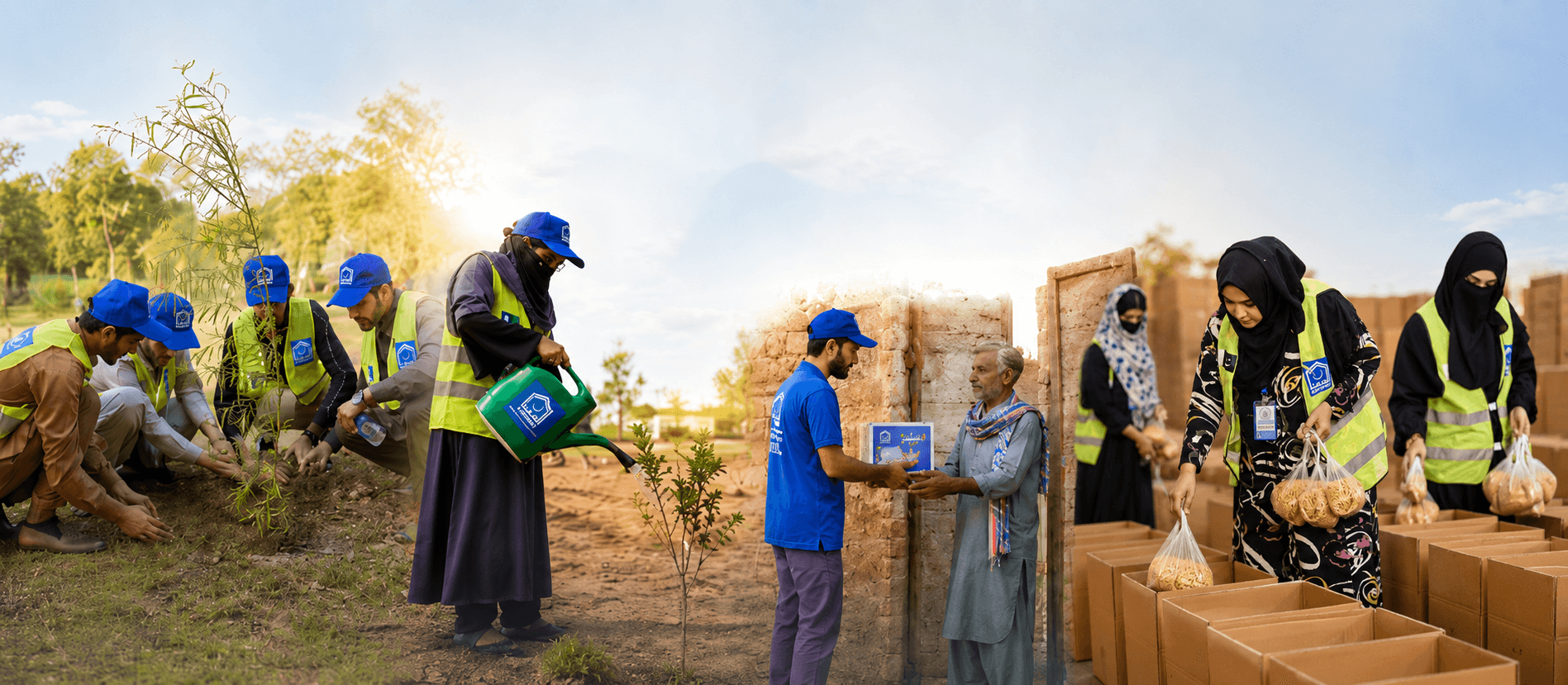 Alkhidmat volunteers planting trees and distributing aid