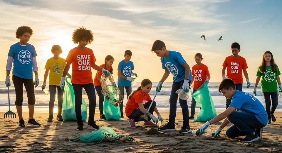 Volunteers cleaning a beach together
